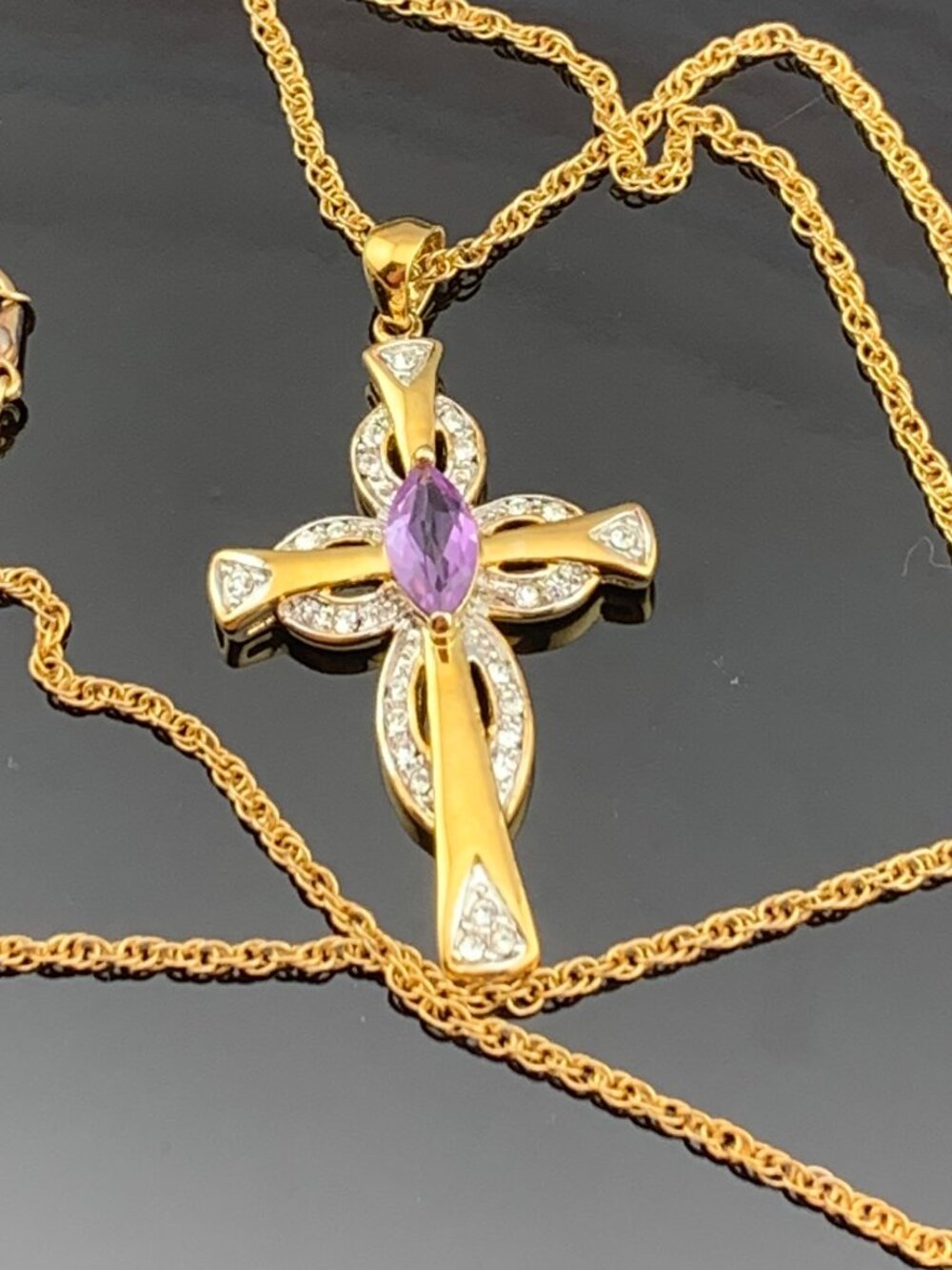 Gold Tone Amethyst Purple Stone Christian Cross Costume Necklace J1453